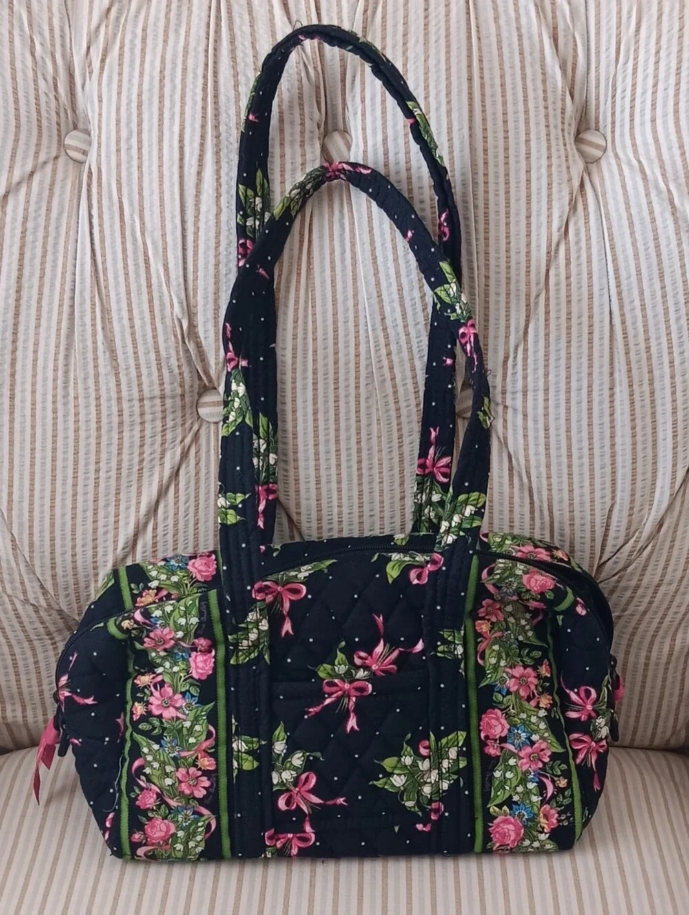 Quilted Floral Mini Tote Bag in Black and Pink